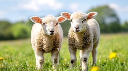Fototapeta premium Adorable CloseUp of Playful Twin Lambs in a Green Field Under Bright Blue Sky : Generative AI
