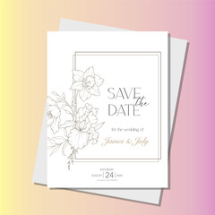 Line Art Spring flowers Wedding Invitation template, Outline Flowers Minimalist Wedding Design, Spring Wedding invite template