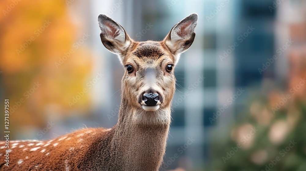 Poster closeup of a curious deer gently gazing with a blurred urban backdrop in autumn colors : generative 