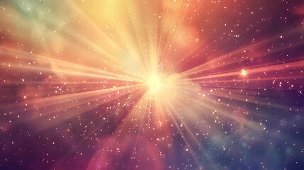 Vibrant cosmic explosion with radiant light beams and colorful starry background