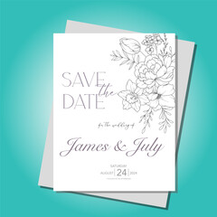 Line Art Spring flowers Wedding Invitation template, Outline Flowers Minimalist Wedding Design, Spring Wedding invite template