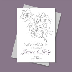 Line Art Spring flowers Wedding Invitation template, Outline Flowers Minimalist Wedding Design, Spring Wedding invite template