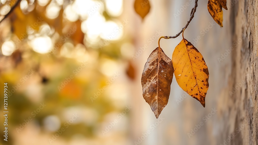Aufkleber close up of autumn leaves on a branch against a softly blurred background creating a warm feel : gen