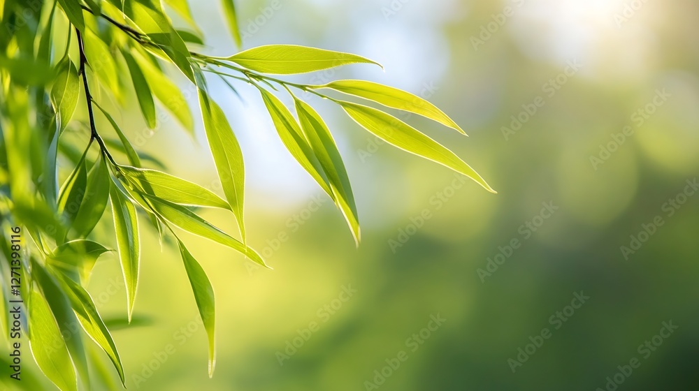 Poster vibrant green bamboo leaves illuminated by soft sunlight in a natural setting : generative ai