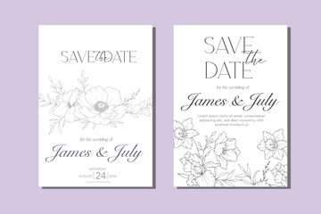 Line Art Spring flowers Wedding Invitation template, Outline Flowers Minimalist Wedding Design, Spring Wedding invite template