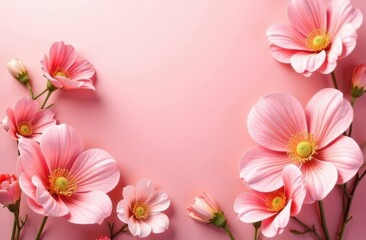 Pink cosmos flowers create a delicate frame on a pink background, perfect for mother's day or women's day celebrations.Delicate pink flowers frame a mother's day or women's day banner