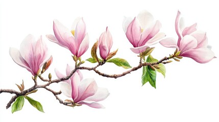Watercolor spring blooming magnolia tree branches clipart, isolated illustration on white background