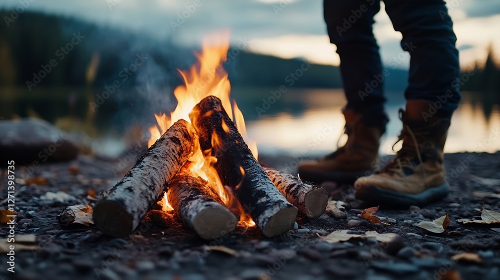 Poster warm and inviting campsite with a roaring campfire set against a tranquil lake and wilderness backdr