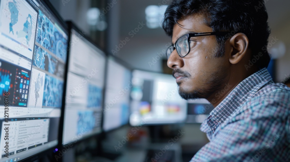 Leinwandbilder A professional studies complex data visualizations on various monitors while seated in a contemporary control room. The lighting enhances the high tech atmosphere.