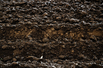 Frozen plowed field soil in winter