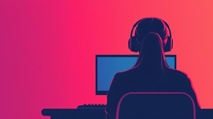 gaming industry concept. Silhouette of a person with headphones at a com...