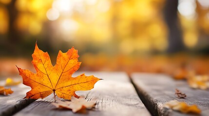 Vibrant autumn maple leaf resting on a rustic wooden plank illuminated by warm sunlight : Generative AI