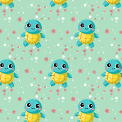 Playful Cartoon Turtles with Flowers on Light Green Background