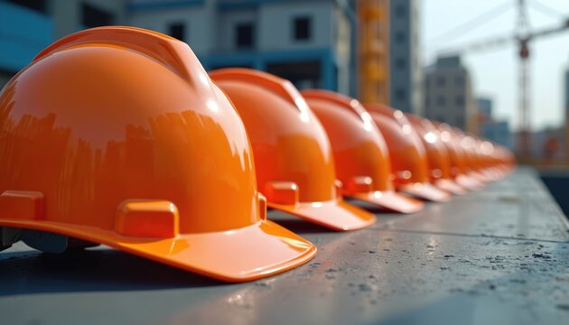 Row of orange hard hats on construction site. Protective helmets lined up for team safety. Building progress, construction, workplace. Engineering, architecture industry. Concept of protection,