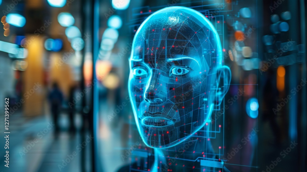 Poster A highly realistic digital face glows with blue light, while patterns and data points surround it. Visitors in the background explore a technology exhibition focusing on AI innovations.