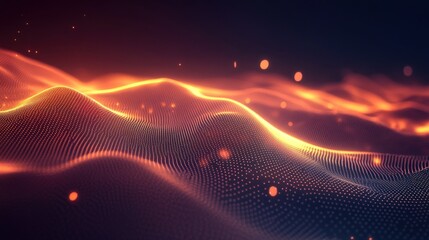 Abstract technological backdrop with glowing waves and geometrical figures and empty space for your logo on dark background. Mockup, 3D rendering