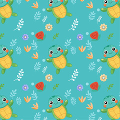 Playful Cartoon Turtles, Flowers, and Cheerful Elements on Teal Background