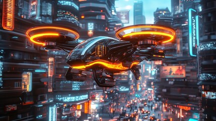 Fototapeta premium Futuristic Drone Flying Over Neon Cityscape at Night Advanced Technology Aerial Vehicle Urban Scenery Bright Lights Sci Fi Cityscape Drone Delivery 
