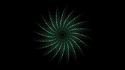 Obraz premium Abstract mandala with evolving geometric patterns turquoise color 4k illustration on black background. 