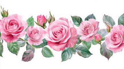Border made of pink watercolor roses flowers and green leaves, wedding and greeting illustration