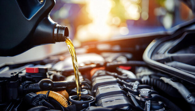 Pouring oil motor car lubricant from black bottle on engine background , service oil change auto repair shop; concept of petrochemical cleaning technology - Powered by Adobe
