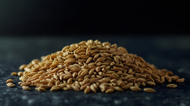 A pile of whole cumin seeds on a dark background, the elongated seeds are clearly visible.