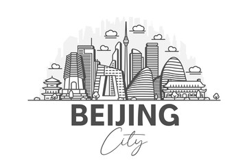 Obraz premium Beijing, China architecture line skyline illustration with shadows. Linear vector cityscape with famous landmarks, city sights, design icons.