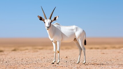 Arabian Oryx in desert, clear sky background. Wildlife conservation