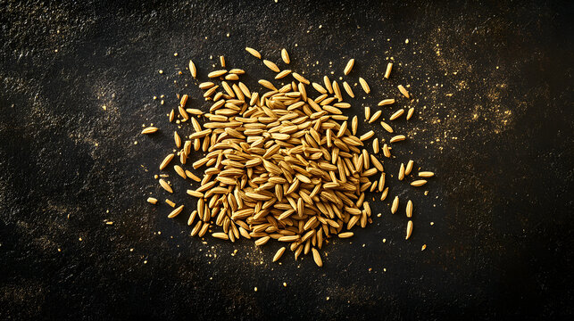 A pile of whole cumin seeds on a dark background, the elongated seeds are clearly visible.