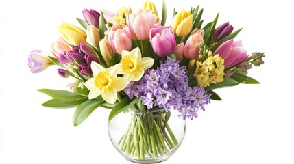 Colorful spring bouquet with tulips, daffodils, and hyacinths in glass vase