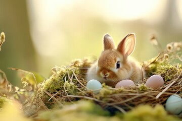 Adorable bunny nestled among easter eggs in sunlit spring setting