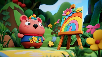 Obraz premium Cute bear painting rainbow in whimsical forest