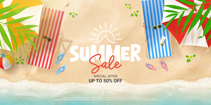 Creative summer sale banner. Vector summer template with beach, chairs, umbrellas, ball, seashells, flip flops, sea wave, tropical leaves, flowers. Ad background for promotion of summer goods, events.