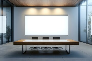 Modern Conference Room with Wooden Table and Blank Billboard: Ideal Professional Setting