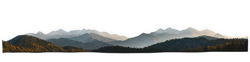 Panoramic Mountains with snow and forest isolated on white background