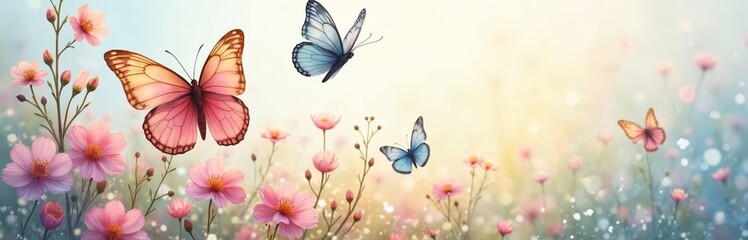Pastel butterflies on delicate spring flowers in field. Pink cosmos bloom, blue sky, floral design with copyspace. Springtime colors wildlife banner is fresh and wild.