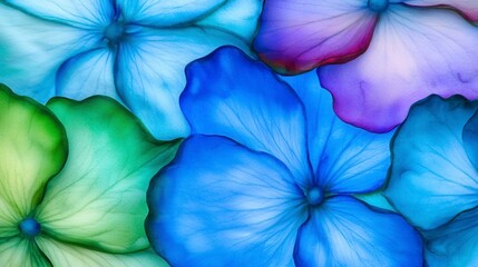 Vibrant Blue Purple Green Hydrangea Blossoms Watercolor Texture