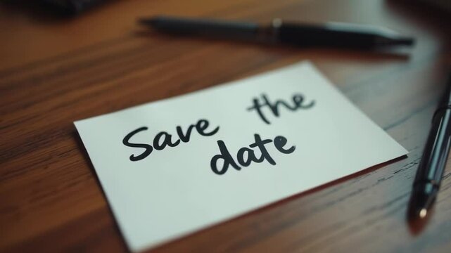 Save the date word written on a blak card on table