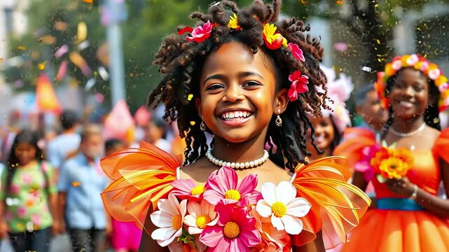 Happy African American girl wears colorful carnival costume. Festival, holiday, outdoor party