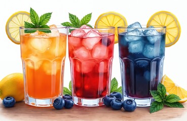 Fototapeta premium Three glasses filled with colorful fruit beverages orange, berry, blueberry juice, ice cubes, mint leaves, lemon slices. Refreshing cool drink on wooden table. Healthy nutrition, summer refreshment.