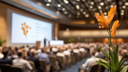 Professional conference setting, diverse audience engaged in presentation, modern venue design, vibrant floral accents for ambiance.
