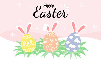 Happy Easter banner. Trendy Easter design with typography, eggs in pastel colors. Modern minimal style. Horizontal poster, greeting card, header for website.