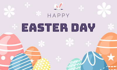 Happy Easter banner. Trendy Easter design with typography, eggs in pastel colors. Modern minimal style. Horizontal poster, greeting card, header for website.