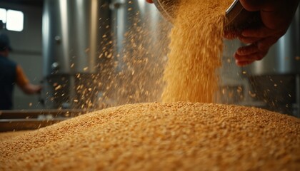 Grain pouring brewery process. Beer malt production, craftsmanship. Industrial manufacturing, fermentation. Wheat barley agricultural closeup. Beer grains falling cascade from metal recipient,