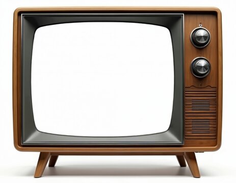 Vintage TV with empty screen isolated on white. Retro style wood television with tuner dials. Old tech media receiver, blank display for content insertion. Analog broadcast device. Antique television