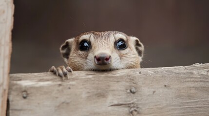 Fototapeta premium Curious small mammal peeking from behind wooden fence