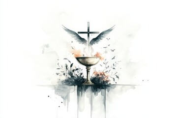 Divine Angel Wings and Cross Watercolor Art: Symbolic Religious Illustration of Spirituality and Faith with Chalice
