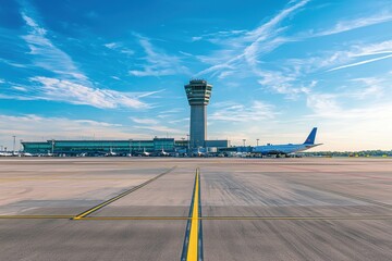 Dynamic exterior view of an airport with airplanes on the tarmac captured at daylight urban environment wide angle perspective for travel enthusiasts