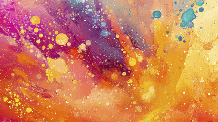 Vibrant ink splash background with colorful patterns and textures, showcasing blend of pink, purple, orange, and yellow hues, creating energetic and artistic feel