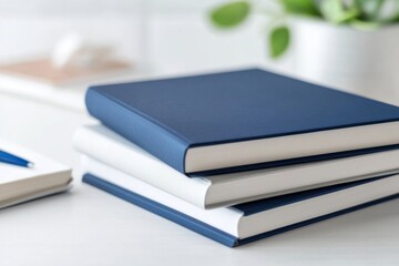 Fototapeta premium Stack of blue and white hardcover books on a desk with pen and plant in background